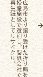 広島市より譲り受けた折り鶴を授産施設で選別し、製紙会社で再生紙としてリサイクル。